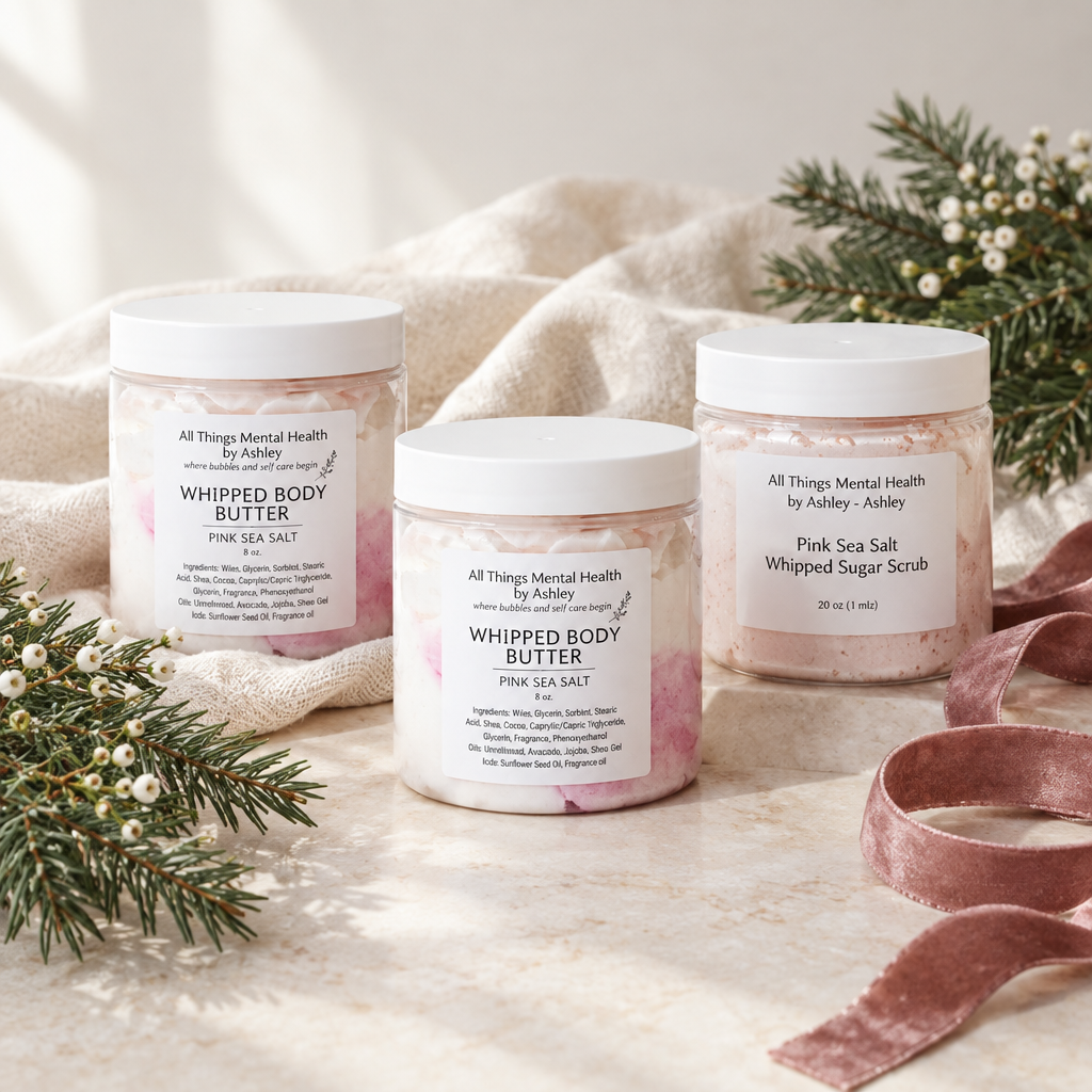 Example holiday trio with two Pink Sea Salt body butter jars and one Pink Sea Salt sugar scrub jar on cream linen.